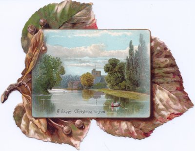 A Victorian die-cut shape card of a leaf with a painting of a rowboat on a lake on it, c.1880 by English School